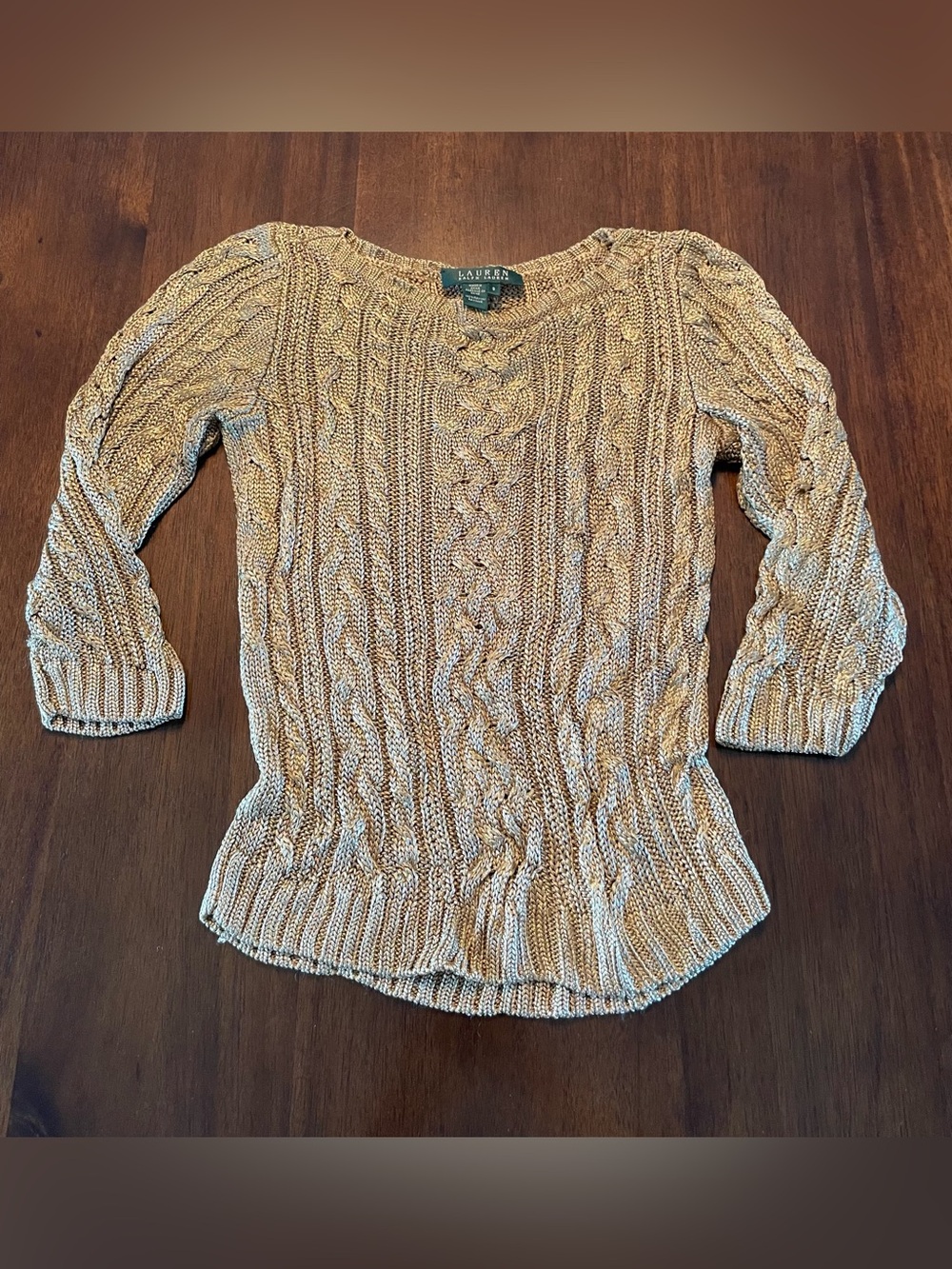 Lauren Ralph Lauren Gold Metallic Cable-Knit Crew Neck 3/4 Sleeve Sweater Small